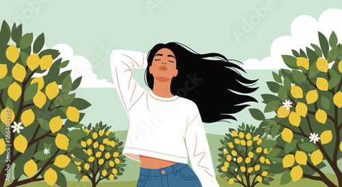 Beautiful young woman with long dark hair blowing in the wind enjoying a sunny day in a lush green lemon tree garden.