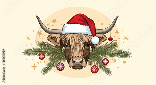 Festive Christmas portrait of a cute Scottish Highland cow wearing a Santa hat and decorated with pine branches and ornaments.