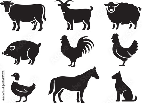Set of Animal Silhouettes, Wild and Domestic Creatures in Black and White, Isolated Minimal Wildlife Figures Representing Nature, Pets, and Fauna Concept