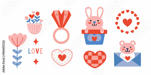 Charming valentine s day illustrations with hearts bunnies and love themed elements