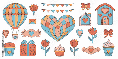 A charming collection of hand drawn illustrations hearts balloons and sweet treats
