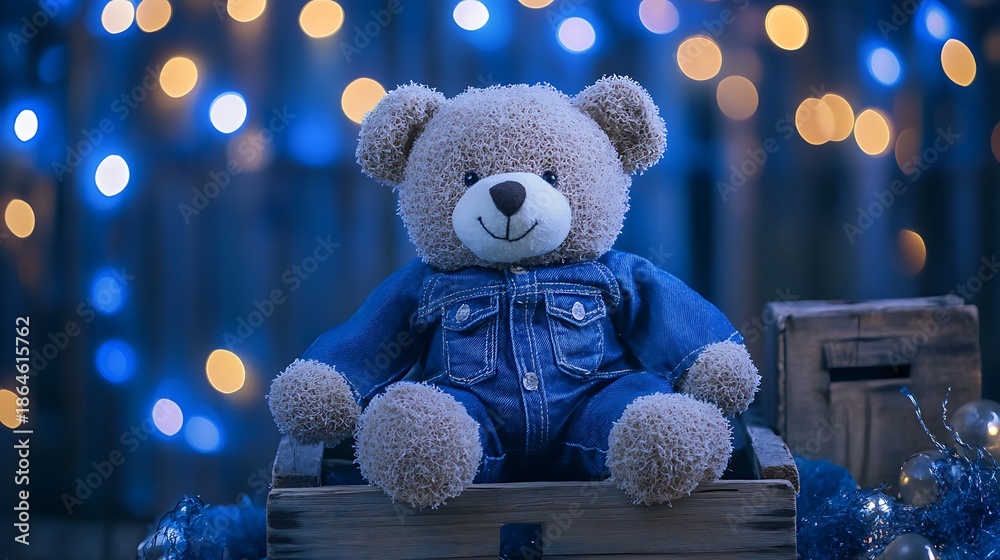 custom made wallpaper toronto digitalteddy bear made of denim sitting on a rustic wooden crate on blue lights background