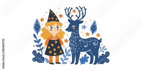 A whimsical illustration of a young witch and a majestic deer in a forest