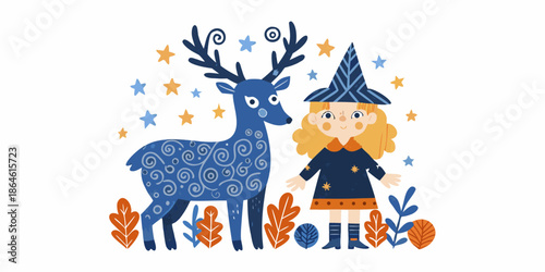 A whimsical illustration of a deer and a young witch amidst stars
