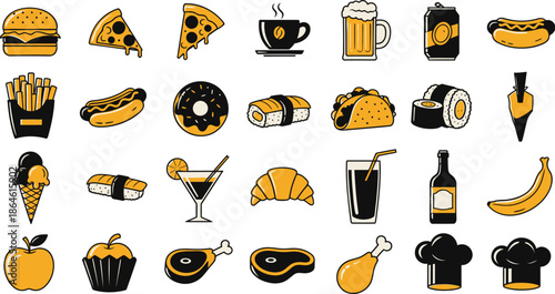  Fast food & dessert vector icon set. Cartoon collection of junk food: burger, pizza, fries, hot dog, donut, soda, ice cream. Cute illustration for menu, sticker, pattern. 