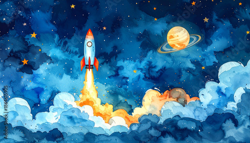 Rocket watercolor night sky stars planet clouds blue orange launch whimsical