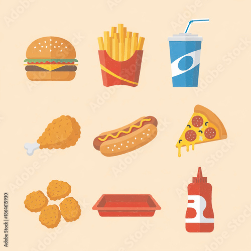 Collection of fast food items including a burger, fries, soda, chicken nugget, hot dog, pizza, and ketchup