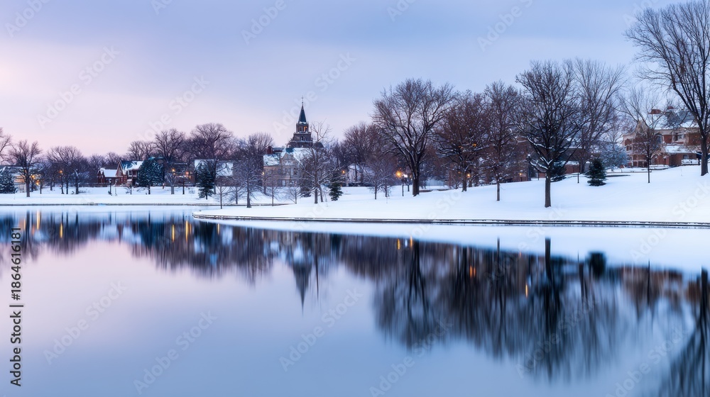 Obraz premium Snowy lakeside scenic with calm water, bare trees, distant buildings, and a pale pastel sky at dusk, mirrored!