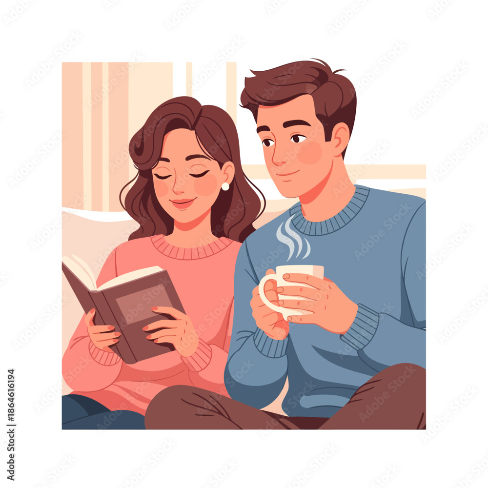 Fototapeta premium Cozy Reading Session, Couple, Living Room, Illustration, Indoor, Eye-Level, Warm Atmosphere