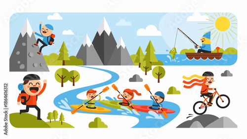 Cartoon People Engaging in Various Outdoor Activities.