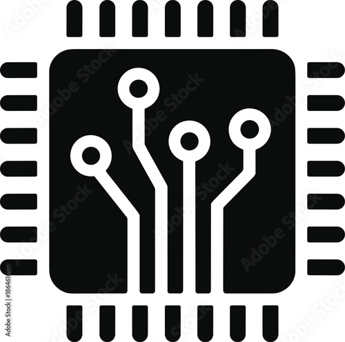 Microchip circuit technology icon, digital processor symbol, electronics hardware concept, black silhouette vector illustration, computer engineering, minimal flat design