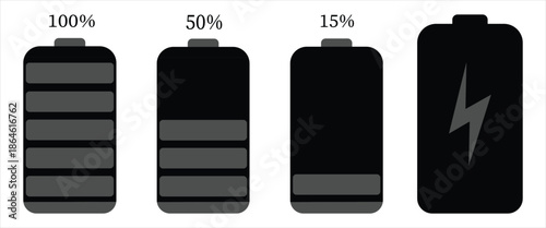 Battery Charge Level Icons Set with 25, 50, 75 and 100 Percent Power Indicators – Energy Status Vector