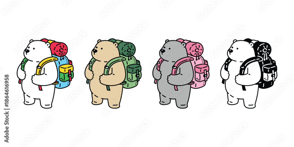 Fototapeta premium Bear polar icon backpacker camping traveller hiking vector cartoon character mascot doll symbol teddy illustration isolated