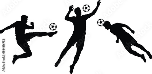 Collection of Professional Soccer Player Silhouettes in Dynamic Action Poses Including Kicking and Heading for Sports Competition Fitness and Team Training