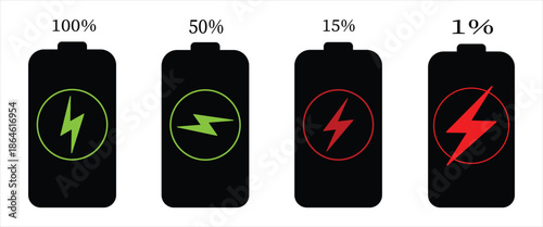 Battery Charge Level Icons Set with 25, 50, 75 and 100 Percent Power Indicators – Energy Status Vector