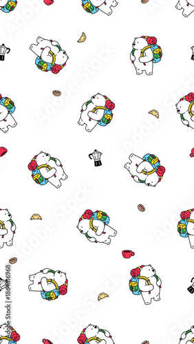 Bear polar seamless pattern backpacker vertical wallpaper camping traveller hiking vector cartoon character mascot coffee teddy doodle tile background repeat gift wrapping paper illustration scarf iso