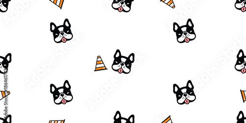 dog seamless pattern french bulldog cartoon doodle traffic cone funny puppy pet face gift wrapping paper tile background repeat wallpaper illustration animal