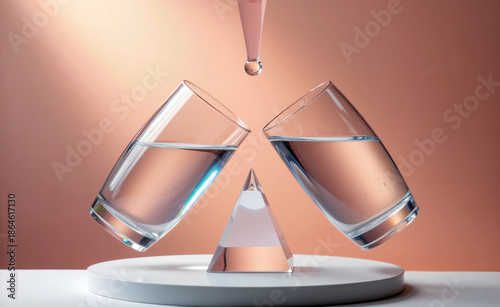 Two glasses of water balanced on a crystal pyramid with a falling droplet, minimalist surreal concept of equilibrium and precision.