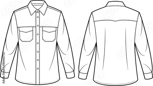 Cad drawing flat vector illustration, black and white shirt sketch, button-up design, fashion garment outline, front back view