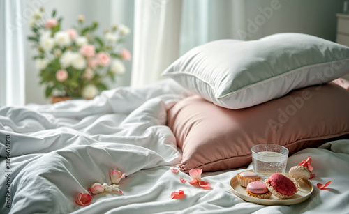 Soft cozy bedroom scene with pastel pillows, white bedding, delicate flowers and dessert tray in natural morning light creating a romantic mood.