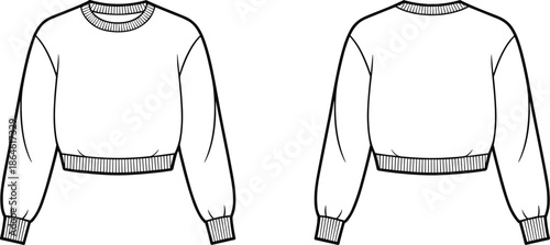 Cad drawing flat vector illustration, black and white sweatshirt sketch, cropped pullover design, fashion garment outline, front back view