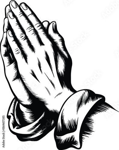 Praying hands illustration in vintage engraving style, religious faith symbol, spiritual worship concept, black and white artwork isolated