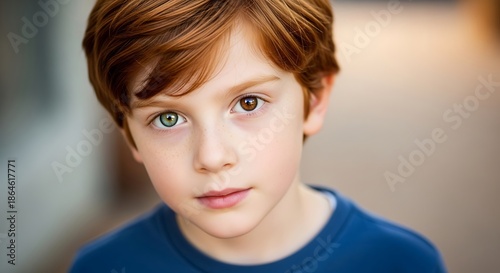 Young child with striking heterochromia looks directly at the viewer with serious expression