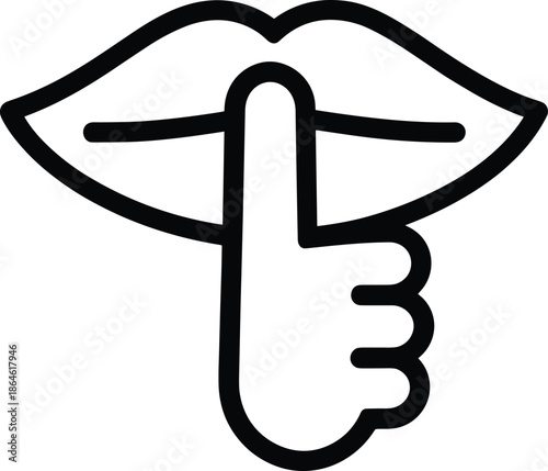 Silence shh gesture icon with finger on lips, quiet warning symbol, secret hush sign, minimal black outline vector illustration isolated