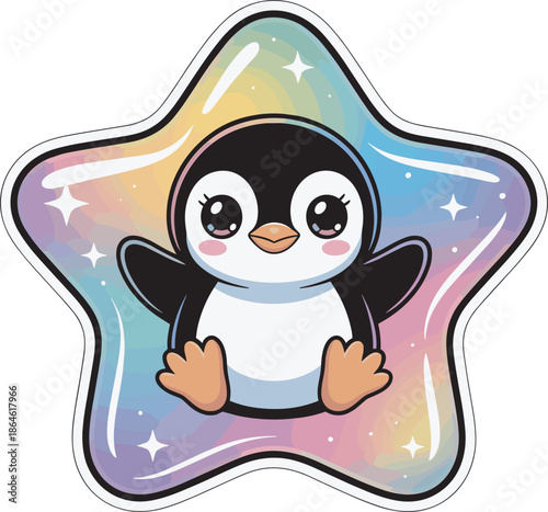 Adorable penguin sitting in rainbow star frame sticker design for nursery decor art