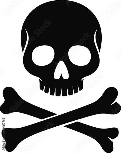 Skull and crossbones icon vector illustration, black silhouette symbol, danger poison warning sign, pirate skull graphic isolated on white