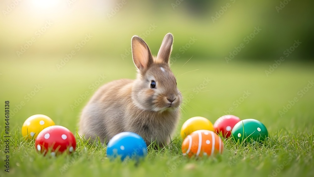 Fototapeta premium Cute fluffy rabbit sits amongst colorful patterned Easter eggs in a sunny spring meadow, symbolizing renewal and holiday joy