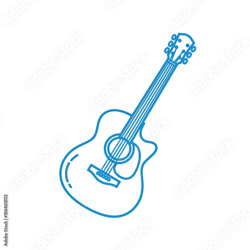 Acoustic Guitar Icon Outline, Blue Line Art, Music Instrument Vector
