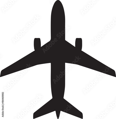 Simple black silhouette of an airplane viewed from directly overhead