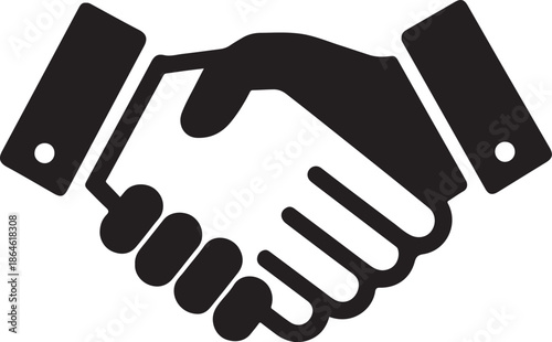A simple black and white illustration of two hands completing a handshake