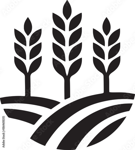 Simple black and white illustration of three wheat stalks with a field