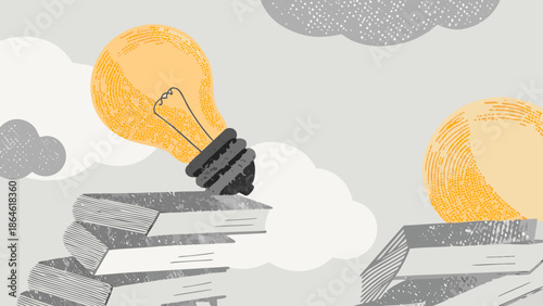 Illustration of a light bulb on books with clouds in the background and another light bulb nearby