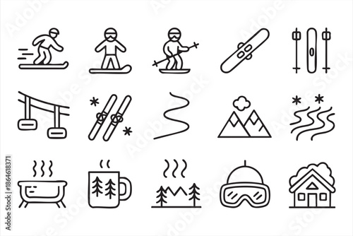 Winter Sports Line Icons for Ski Resort UI and Snowboard Apps