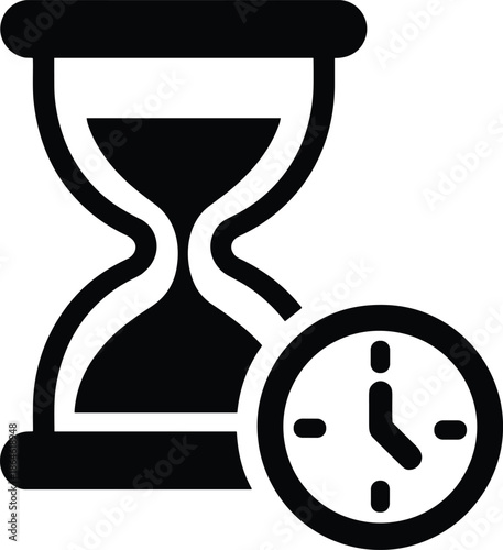 Time management icon illustration, hourglass and clock symbol, deadline concept, countdown timer, business productivity, black silhouette vector design, minimal style