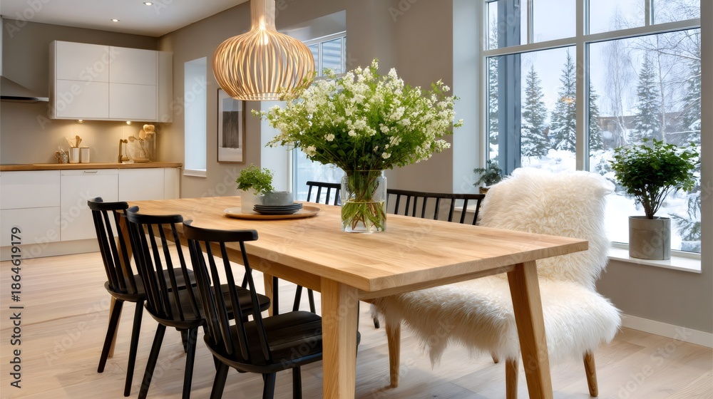Fototapeta premium Scandinavian modern kitchen dining area with winter window view