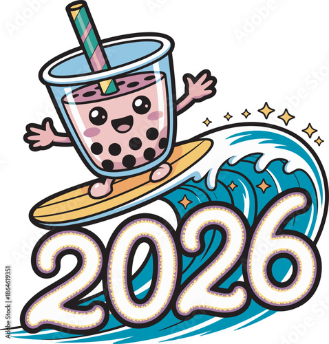 Boba tea character surfing on ocean wave with 2026 text vector mascot illustration
