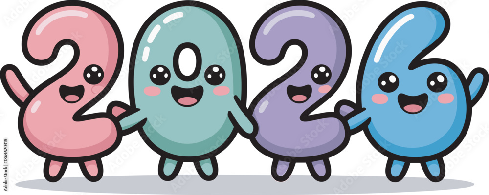 Fototapeta premium Cute cartoon numbers spelling year two thousand twenty six holding hands