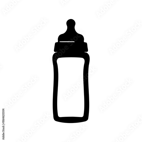 Black silhouette of a baby bottle with nipple isolated on white