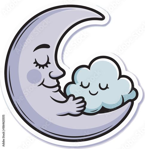 Cute crescent moon hugging a fluffy cloud, peaceful night sky, sleepy lullaby