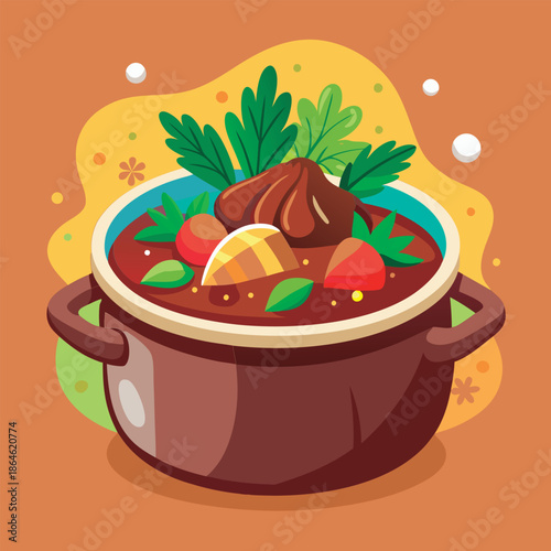 Delicious stew in a rustic pot.