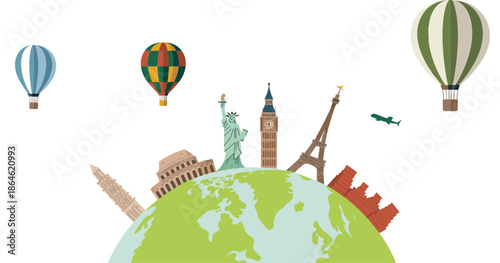 World travel illustration with famous landmarks, global tourism concept, hot air balloons, airplane, colorful vector earth background