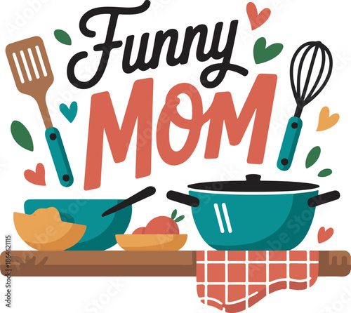 Funny mom cooking in kitchen with utensils pots and bowls baking illustration