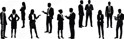 Large group silhouette of professional business people networking and communicating in a corporate meeting setting isolated on a white background