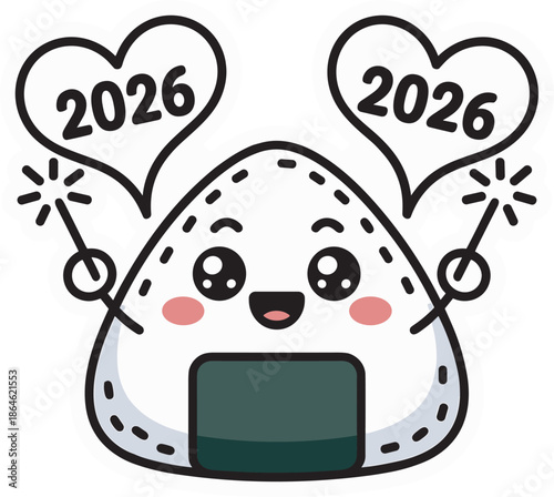 Happy onigiri rice ball character holding sparklers for year two thousand twenty six