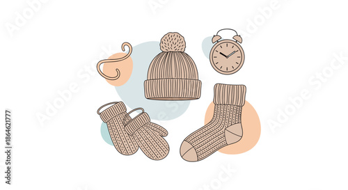 Set of winter clothing accessories and cozy objects including a knitted hat, mittens, socks, and a classic alarm clock.