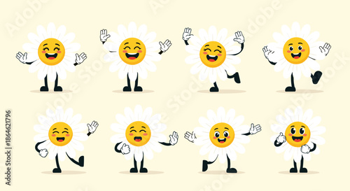 Collection of happy daisy flower characters with yellow centers, white petals, and expressive faces in different poses.